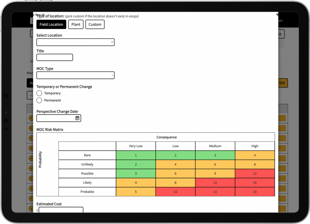 EZ Ops Management of Change (MOC) gives you the easiest way to add new MOC requests, review their risk and get everyone looped in.